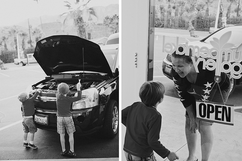 Two photos showing mom and her two sons in candid moments, black and white. 
