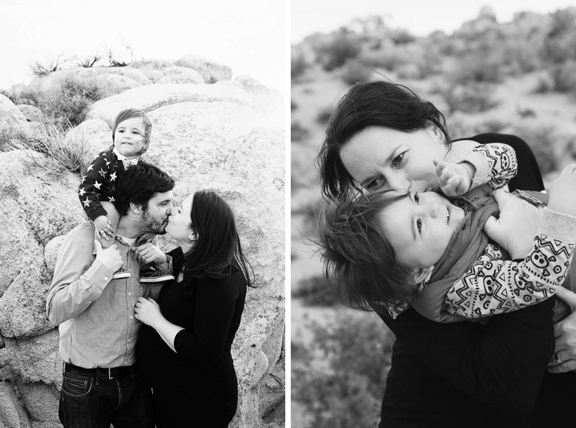 Black-and-white family moments with parents and child outdoors