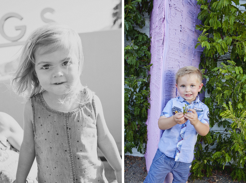 Two children, one outdoors in black-and-white, one posing near greenery.