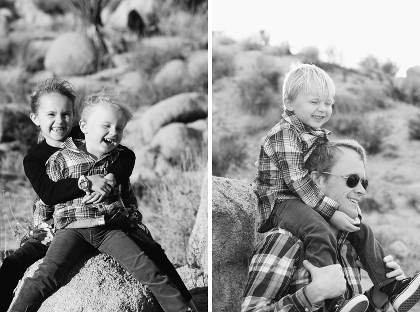 Two fun photos of a family session in Joshua Tree