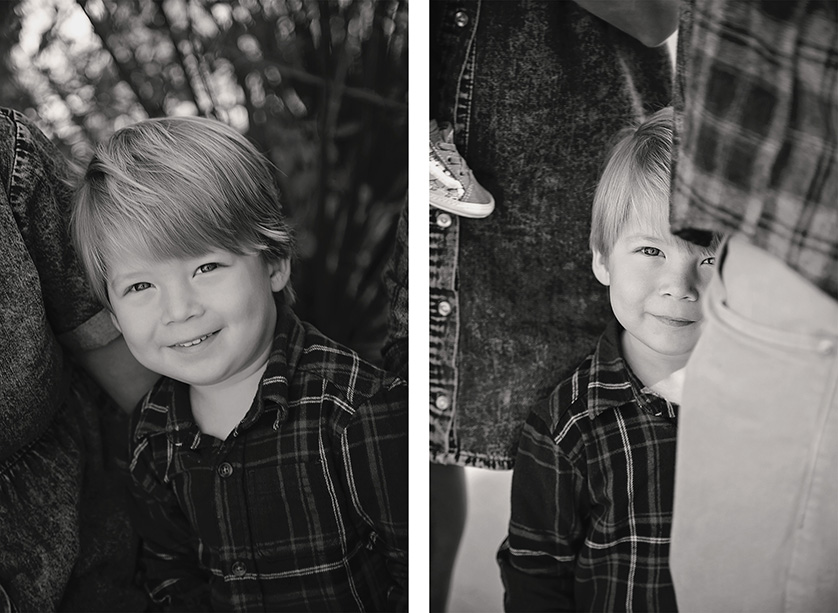 Two photos of a toddler smiling shyly at the camera