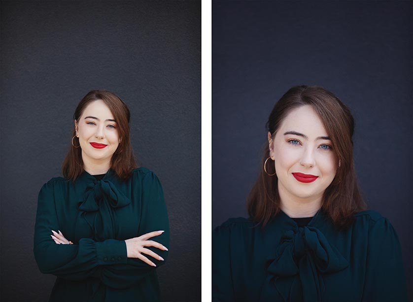 Two portraits of a woman against a dark grey backdrop