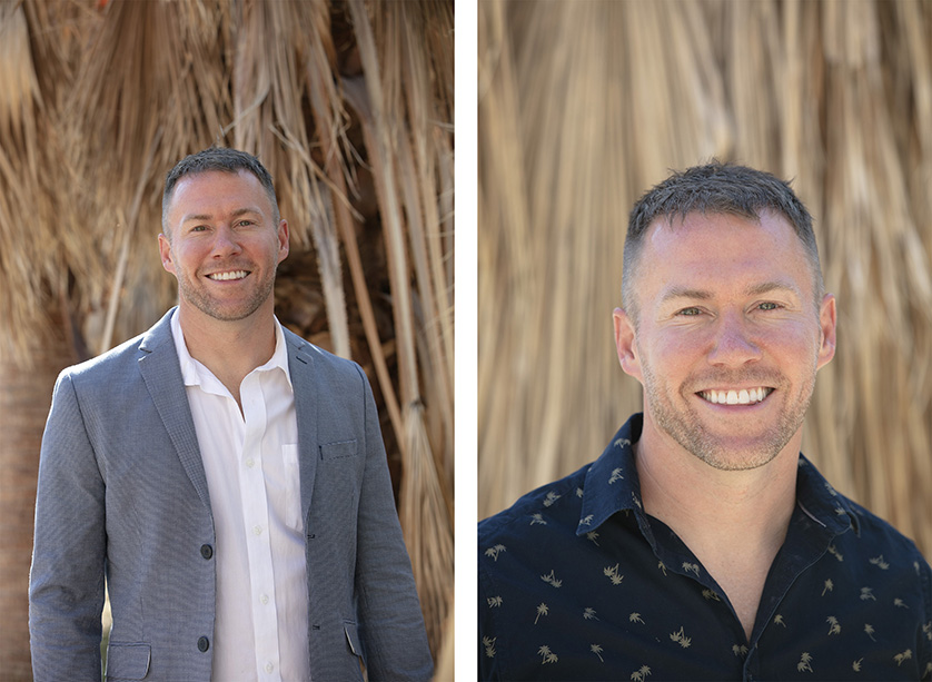 Two photos of a real estate agent in clean natural surroundings