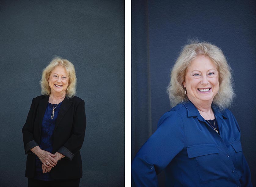 Two portraits/headshots of a woman in a blue top