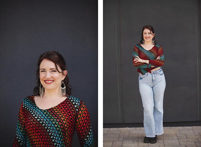 Two photos of a beautiful woman photographed against a neutral backdrop