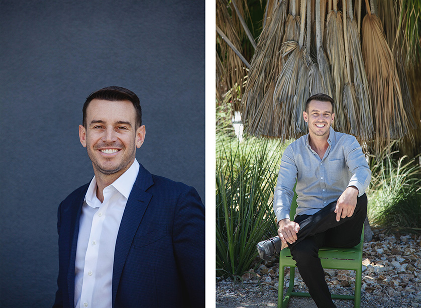 Two portraits of a dark haired man.