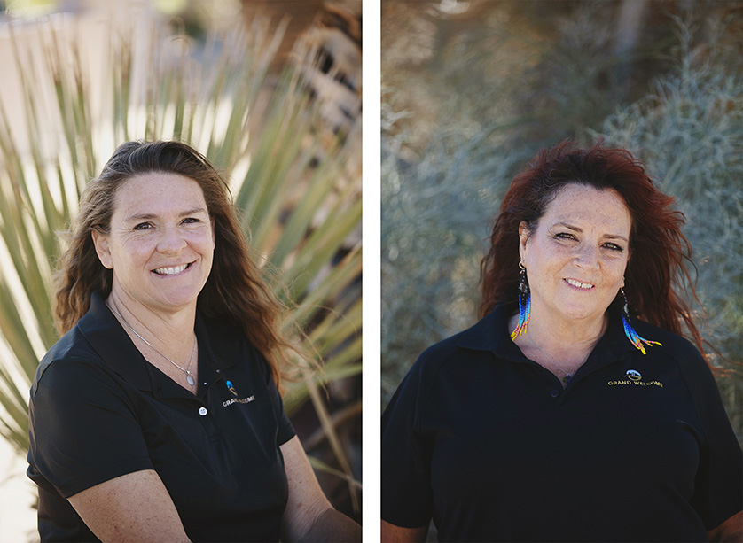 Two photos of smiling women against natural desert greenery