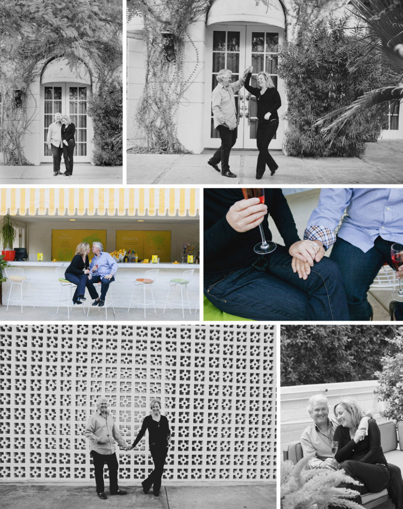 Collage of photos of couple celebrating their anniversary at Parker hotel 