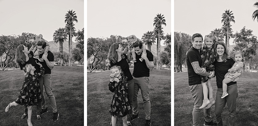 Three photos of nuclear family, in a park in the desert.