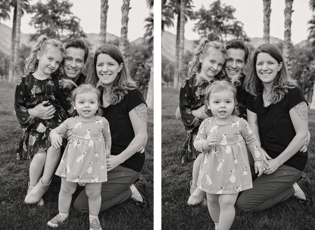 Black and white photos of young family in a park