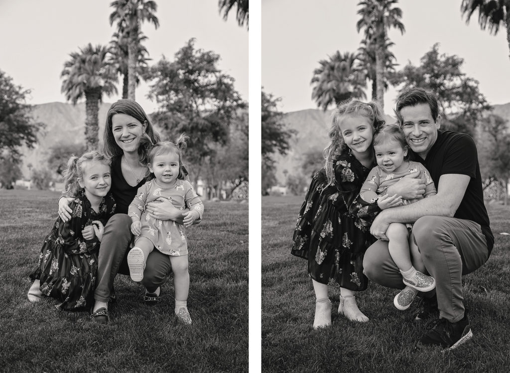 Two photos of mom and dad separately with their two young girls 