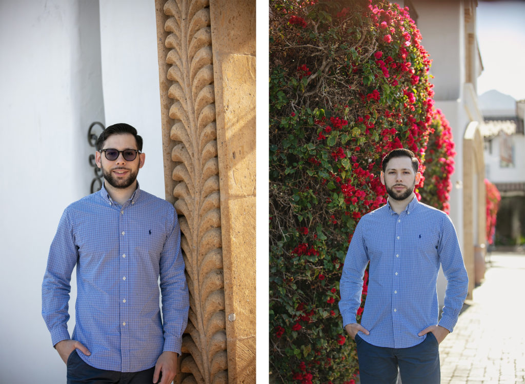 Two camera aware portraits of a man wearing a blue button down shirt