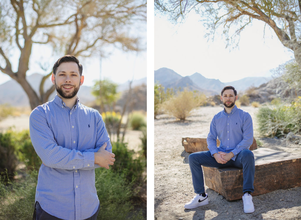 Desert scenery provides the backdrop for a man posing for portraits