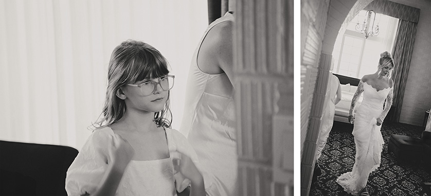 Two black and white images, one a little girl with glasses watches the bride getting ready.  The other, the bride making final adjustments to her hair and dress