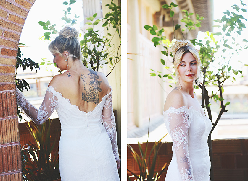 Two images of a bride in a garden setting