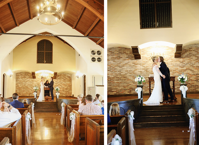 Bride and groom at the alter of a church, getting married