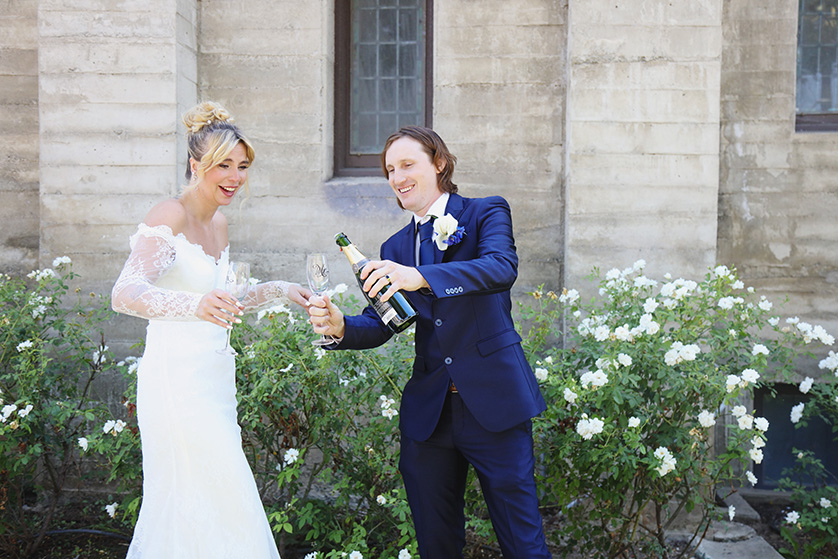 Champagne toasts outside a church