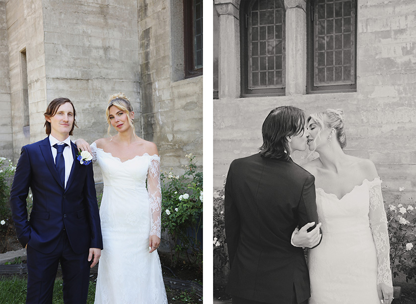 Bride and groom pose for casual portraits in church gardens