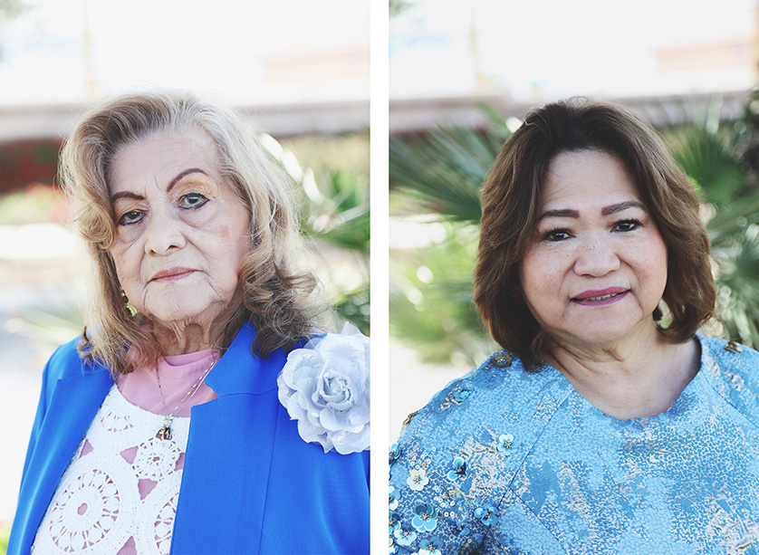 Two portraits of older ladies dressed in blue