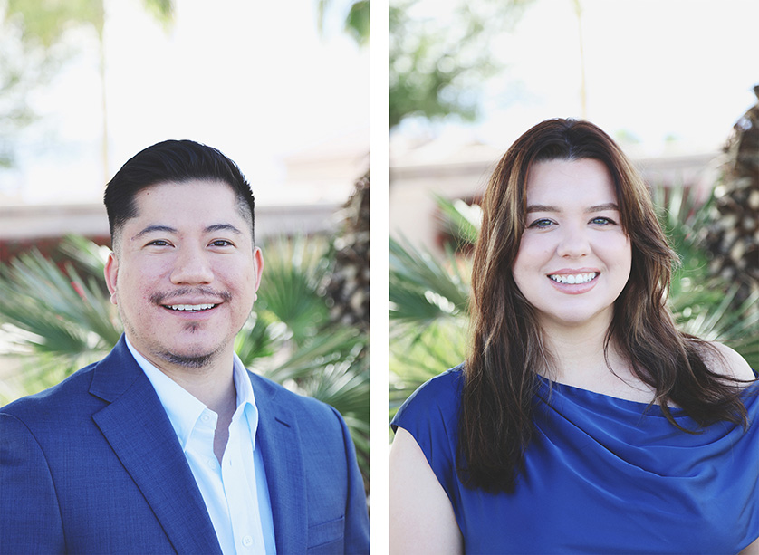 Two photos of a young couple smiling at the camera