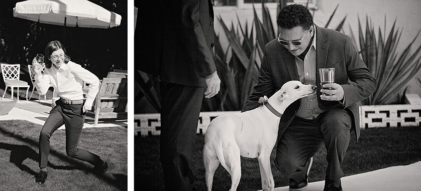 Candid black-and-white wedding moments: a guest playfully poses with a drink, and another greets a dog with affection.