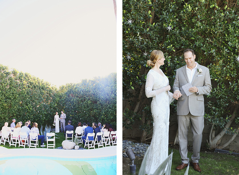 Bride and groom exchange vows in a backyard ceremony with guests seated around a pool in Palm Springs.