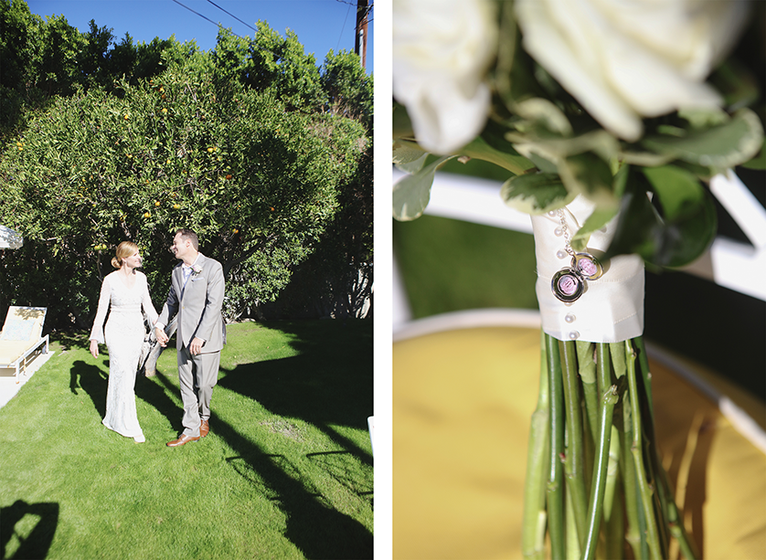 Bride and groom walk hand-in-hand through a sunny backyard; close-up of bouquet wrapped with pearls and a locket charm.