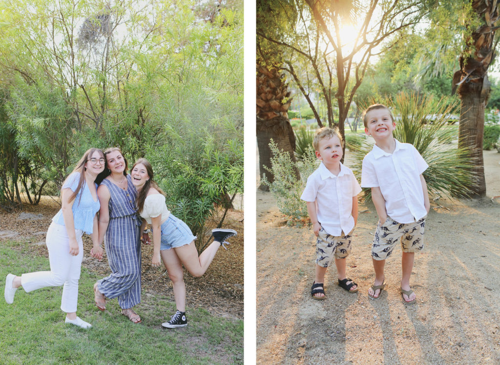Two side-by-side family portraits in a park: three smiling teenage girls posing playfully on grass, and two young boys standing in the sunlight among palm trees.