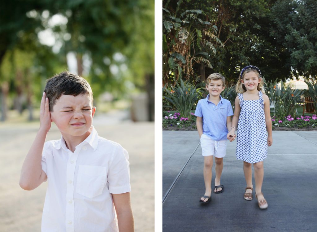 photo of a boy annoyed by a gnat buzzing and two siblings smile sweetly at the camera