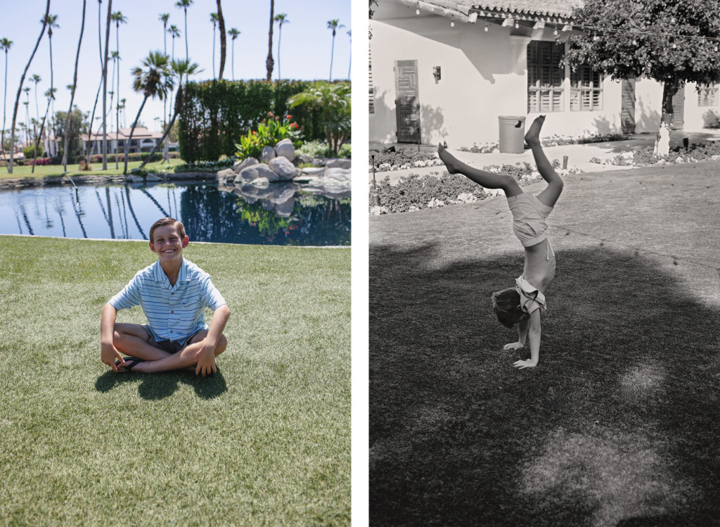 A boy sits cross-legged smiling by a reflection pond with palm trees in Palm Springs, while a girl does a handstand on a sunny lawn.