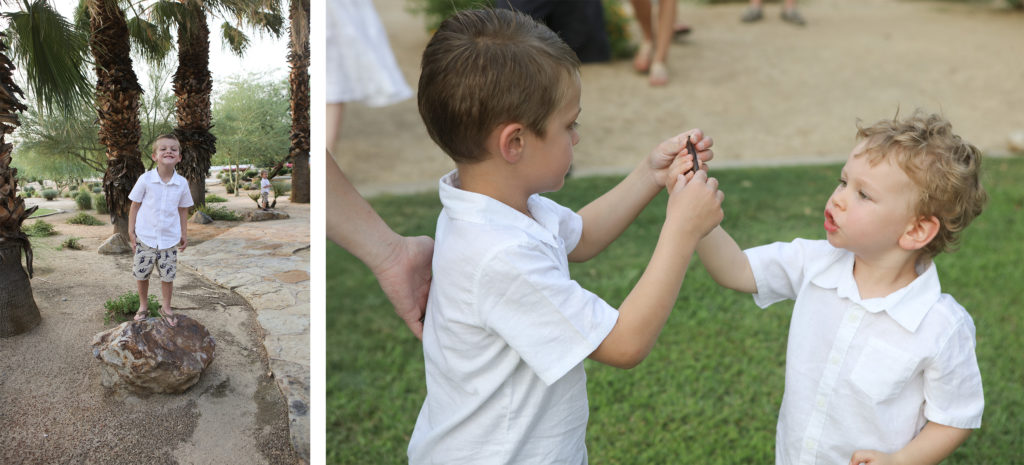 A smiling boy stands proudly on a rock surrounded by palm trees, while two young boys examine an object together on the grass.