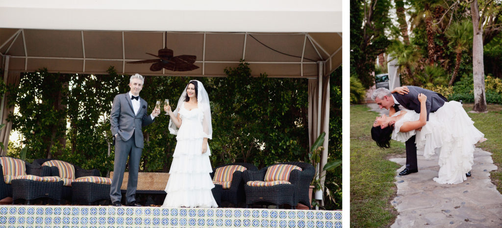 Bride and groom stand together under a cabana, smiling and raising champagne glasses in celebration.  Groom dips his bride into a playful kiss on a garden pathway, both laughing with joy.