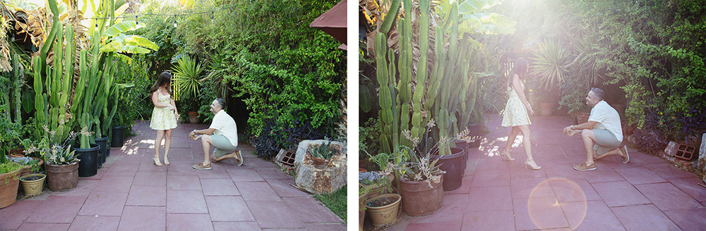 A man proposes on one knee at Casa Monte Vista in Palm Springs as his partner beams with joy, surrounded by lush desert greenery and golden sunlight.