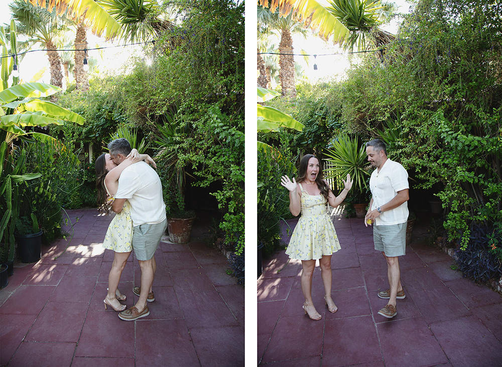 Couple embraces and celebrates after a surprise proposal at Casa Monte Vista in Palm Springs, filled with laughter, joy, and pure excitement.