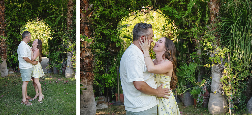 Engaged couple embraces and laughs together under a lush green archway at Casa Monte Vista in Palm Springs after a surprise proposal.