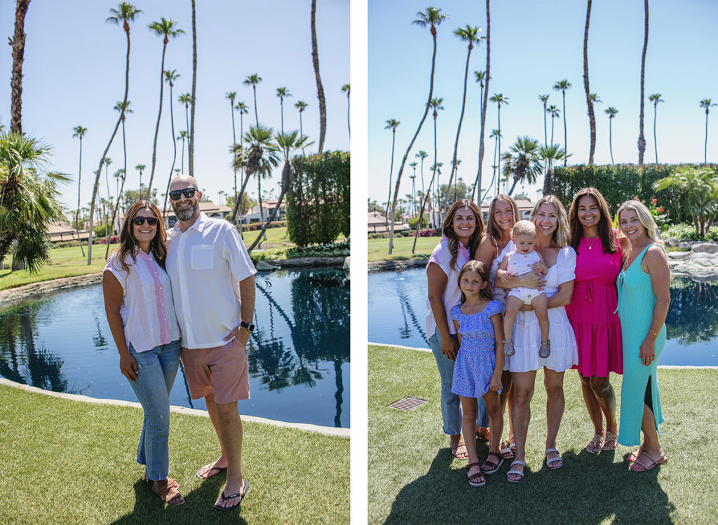 A couple poses together by a pond surrounded by palm trees in Palm Springs, California.