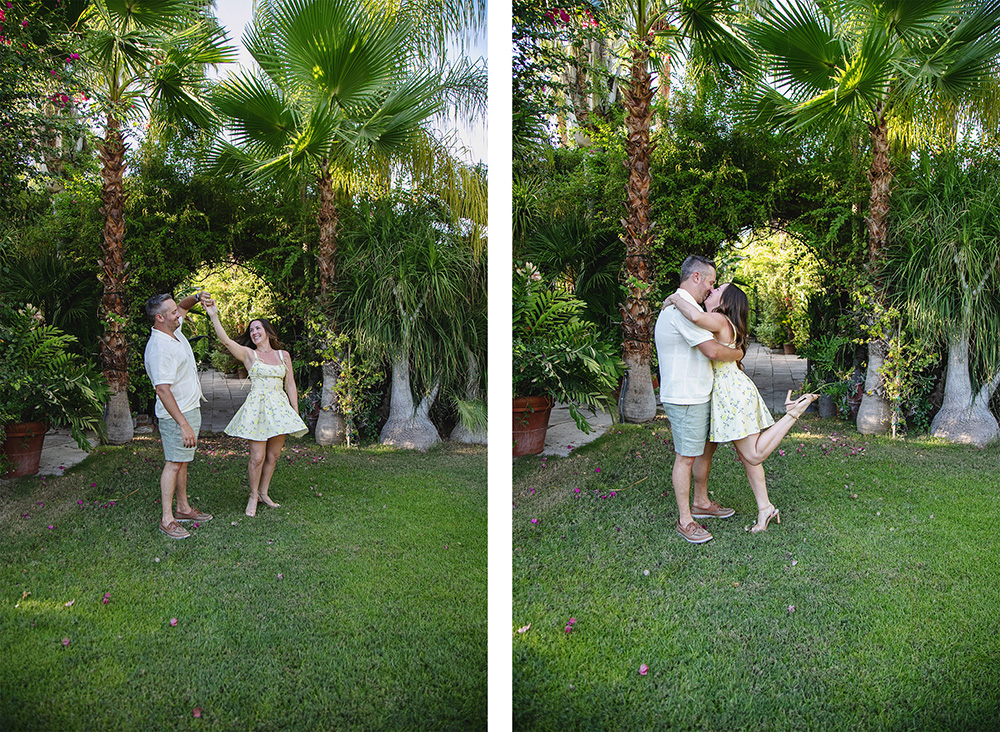 Two photos of a newlywed couple dancing in a lush green garden