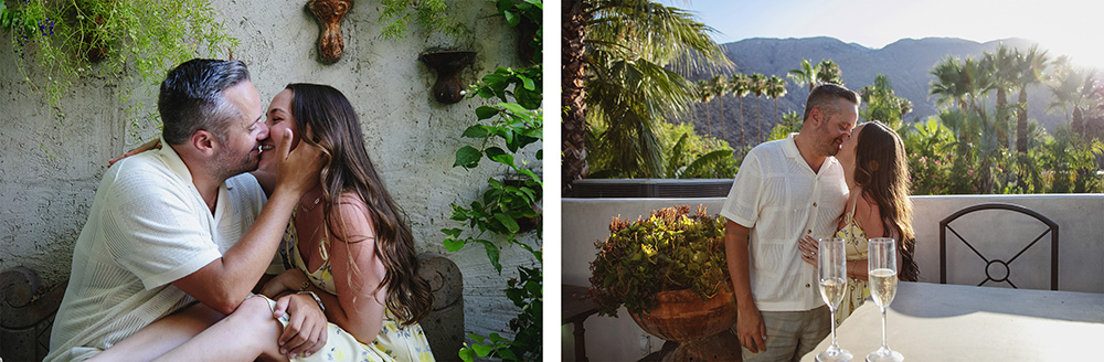 Newlywed couple snuggle on bench surrounded by lush greenery