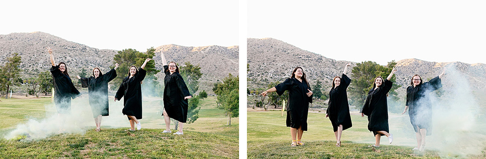 Four high school senior best friends post playfully with smoke bombs