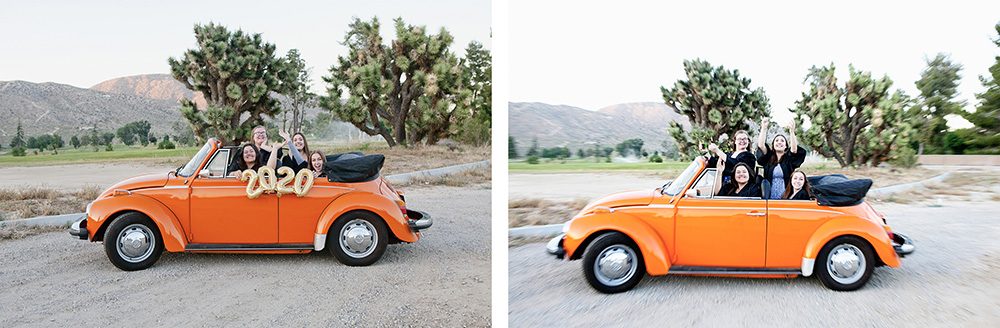 High school seniors pose with vintage orange VW Beetle