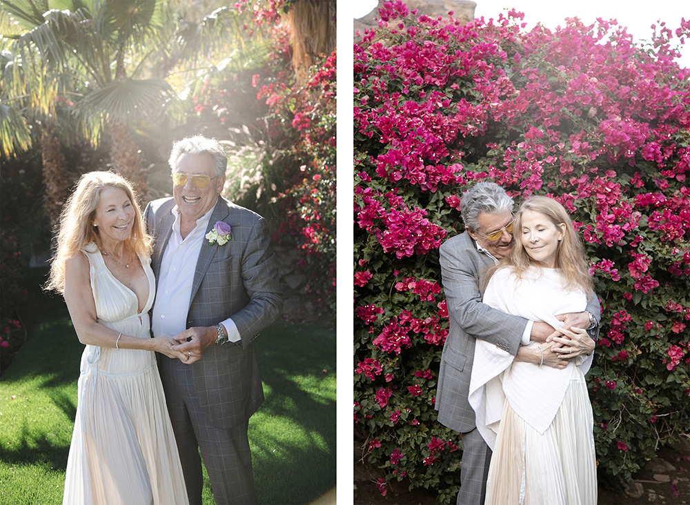 Older couple enjoy wedding elopement portraits on a lush lawn with bougainvillea in the backdrop