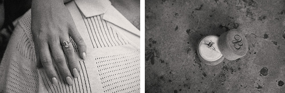 Close-up of a woman’s hand resting on fabric, showing off a sparkling emerald-cut engagement ring after a surprise proposal in Palm Springs.