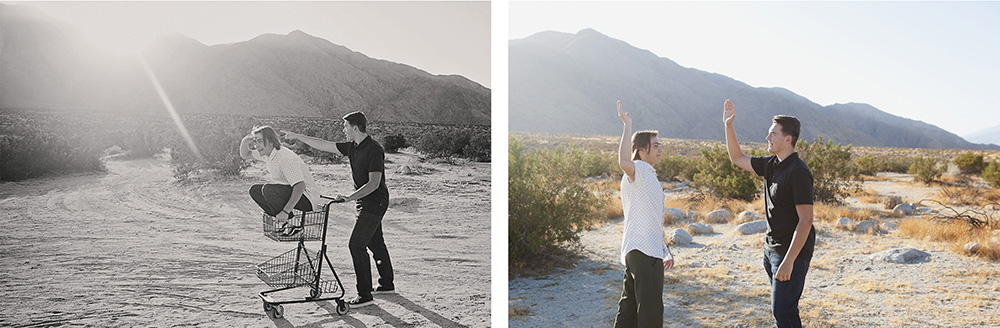 Two young men share playful and silly moments in a shopping cart and giving high fives