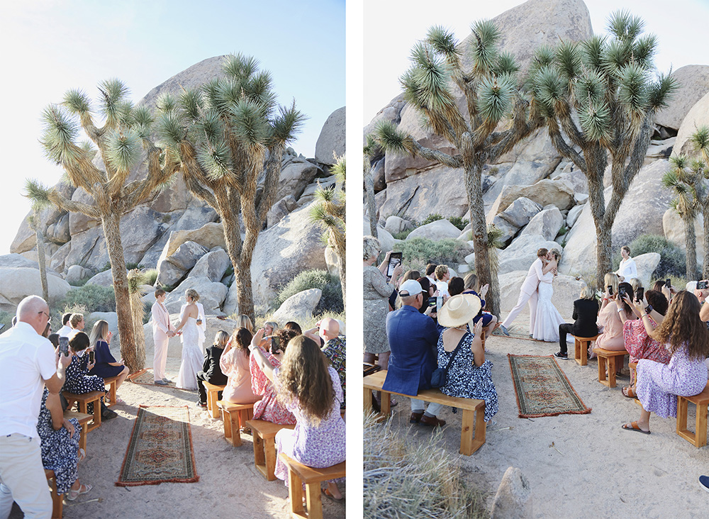 Two images of tiny wedding ceremony site at Cap Rock in Joshua Tree National Park