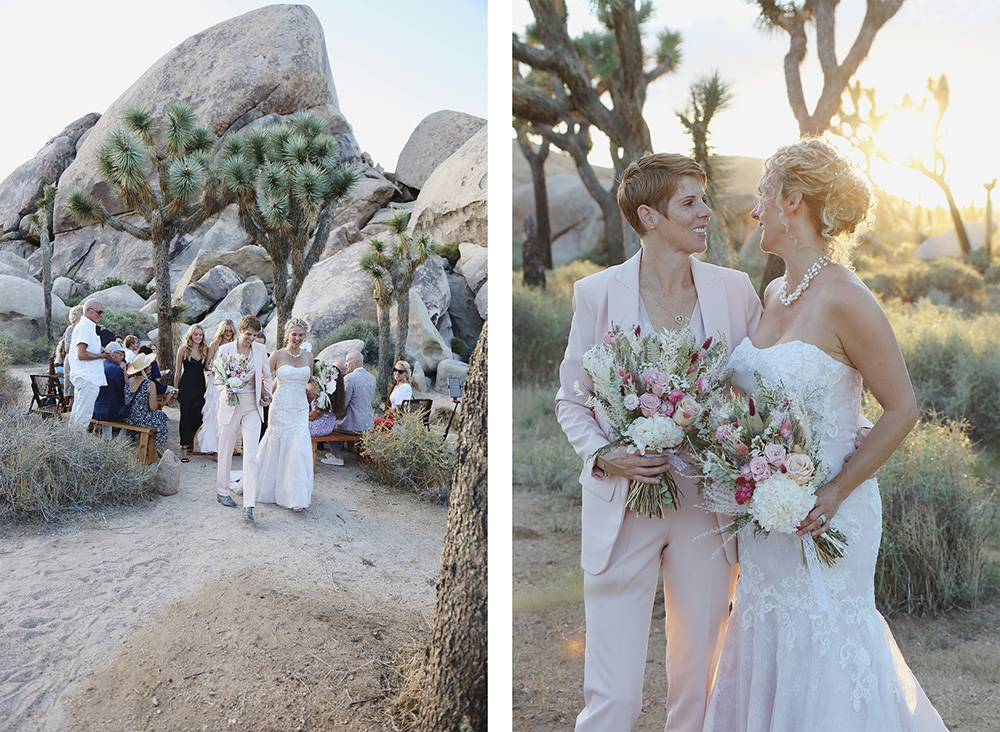 Same sex couple get married at sunset in Joshua Tree National Park