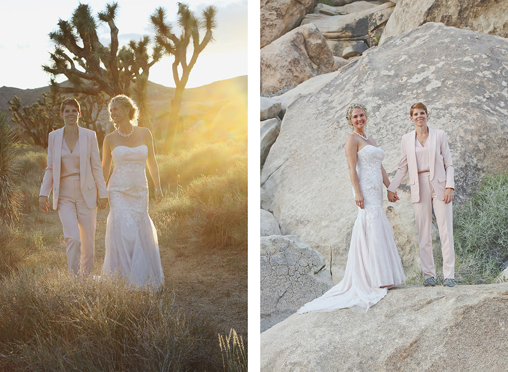 Two dramatic photos of two brides posing amongst the majestic Joshua Trees and boulders