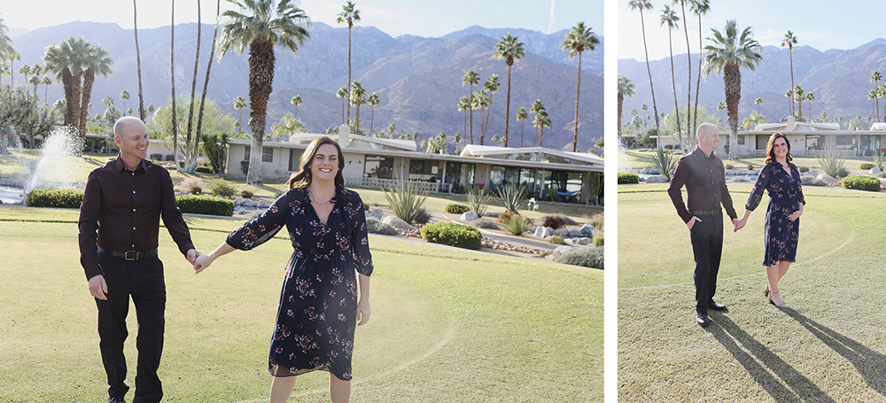 Palm Springs golf course portraits featuring mid-century modern homes, palm trees, and mountain views — polished and relaxed all at once.