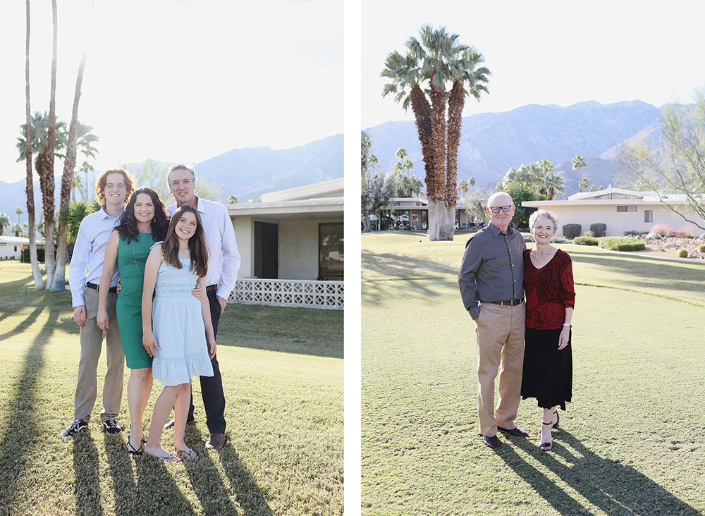 Extended family portraits on a lush Palm Springs golf course — bright green grass, palm trees, and iconic desert mountain views.