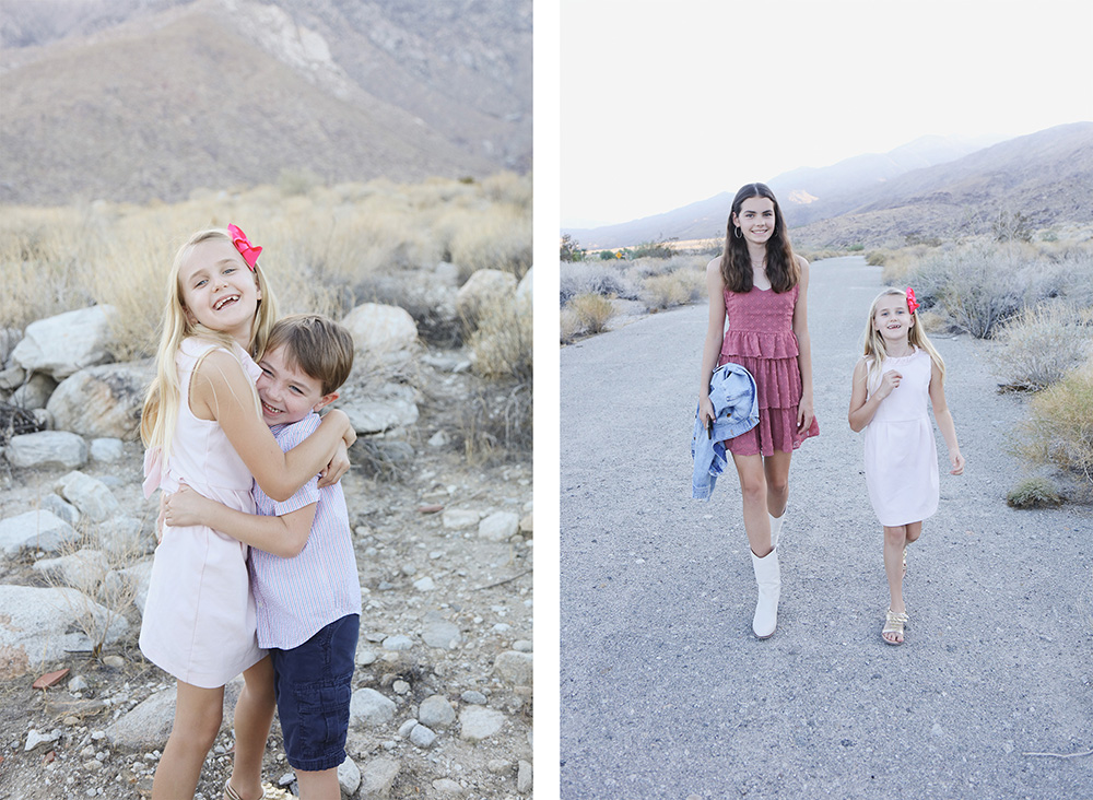 Candid moments of kids being kids — hugs, laughter, and adventure among the desert rocks in Palm Springs.