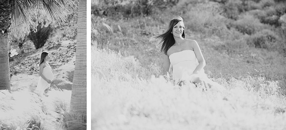 Two photos of a pregnant woman photographed in soft sunlight in a field
